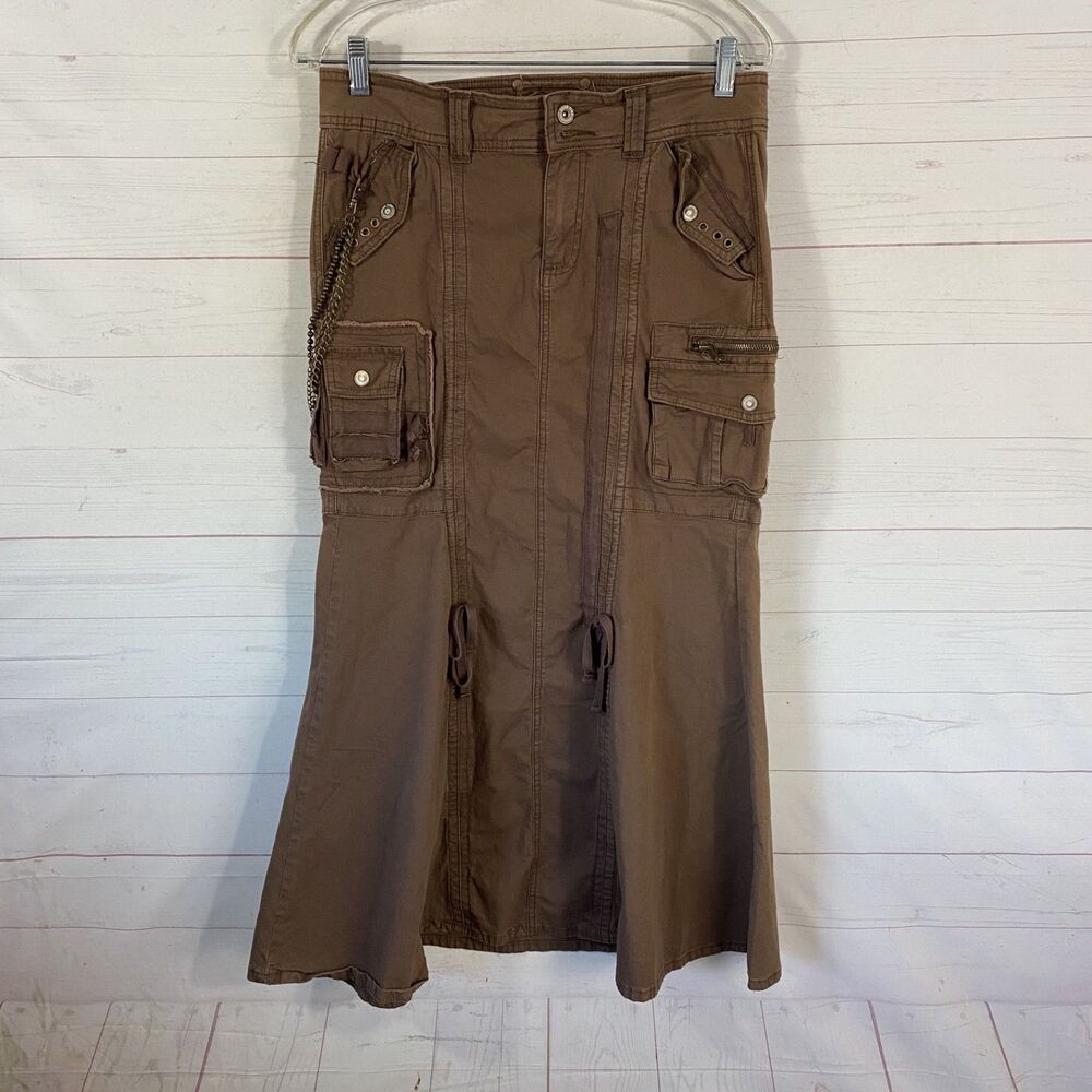 Goodtime Womens Cargo Maxi Skirt Juniors Sz 7 Brown Cotton Blend Chain Detail